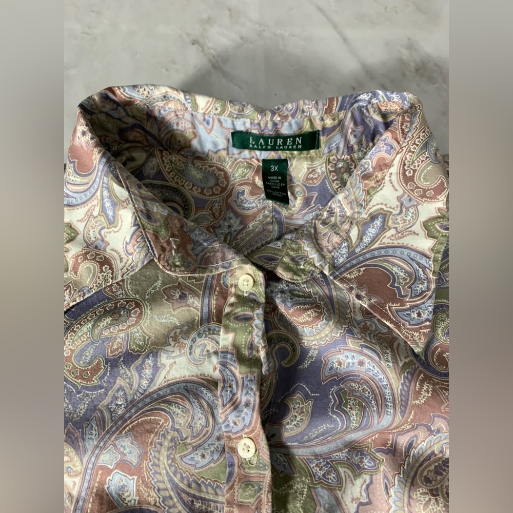 Lauren Ralph Lauren Paisley Button Down 3X Blouse Long Sleeve Collar Traditional